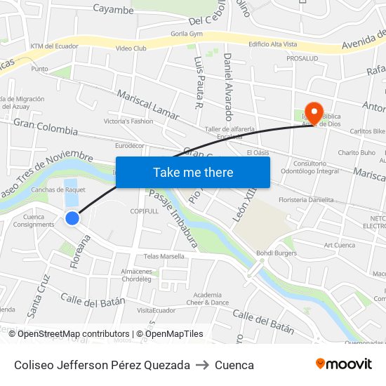 Coliseo Jefferson Pérez Quezada to Cuenca map