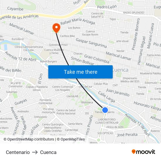 Centenario to Cuenca map