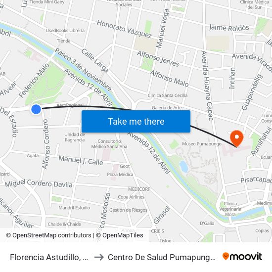 Florencia Astudillo, 2316 to Centro De Salud Pumapungo  No 1 map