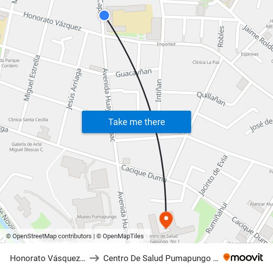 Honorato Vásquez, 12 to Centro De Salud Pumapungo  No 1 map