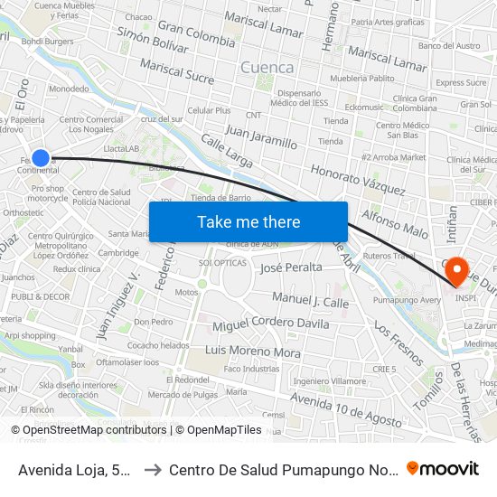 Avenida Loja, 558 to Centro De Salud Pumapungo  No 1 map