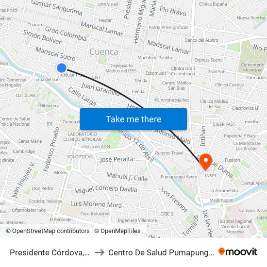 Presidente Córdova, 1175 to Centro De Salud Pumapungo  No 1 map