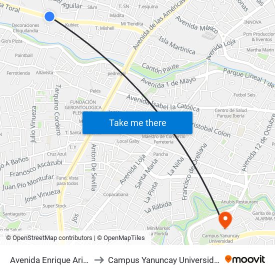 Avenida Enrique Arizaga Toral to Campus Yanuncay Universidad De Cuenca map