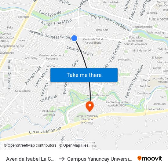 Avenida Isabel La Catolica, 385 to Campus Yanuncay Universidad De Cuenca map
