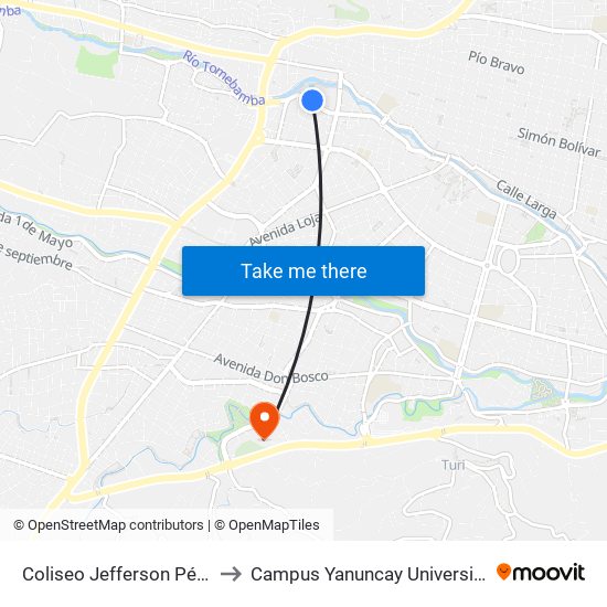 Coliseo Jefferson Pérez Quezada to Campus Yanuncay Universidad De Cuenca map