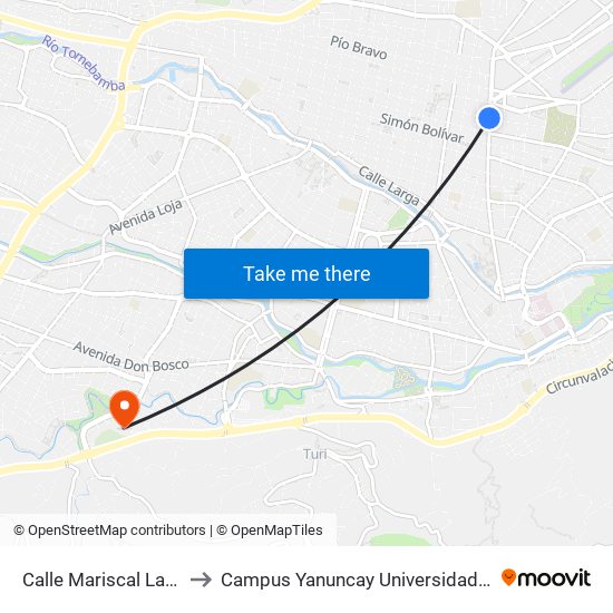 Calle Mariscal Lamar, 92 to Campus Yanuncay Universidad De Cuenca map