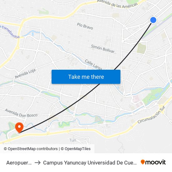 Aeropuerto to Campus Yanuncay Universidad De Cuenca map