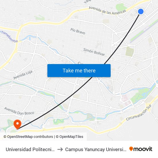 Universidad Politecnica Salesiana to Campus Yanuncay Universidad De Cuenca map