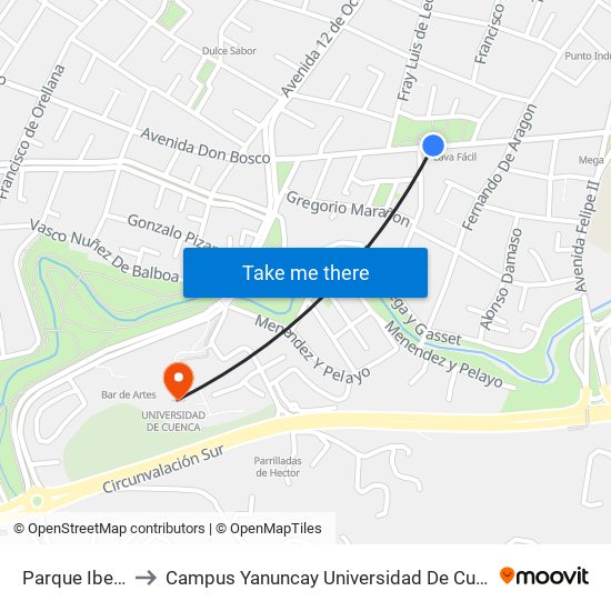 Parque Iberia to Campus Yanuncay Universidad De Cuenca map