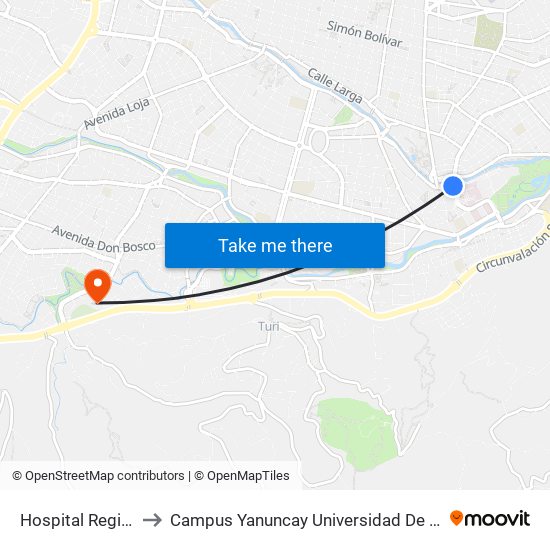 Hospital Regional to Campus Yanuncay Universidad De Cuenca map