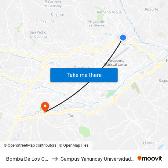 Bomba De Los Choferes to Campus Yanuncay Universidad De Cuenca map
