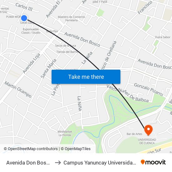 Avenida Don Bosco, 2143 to Campus Yanuncay Universidad De Cuenca map