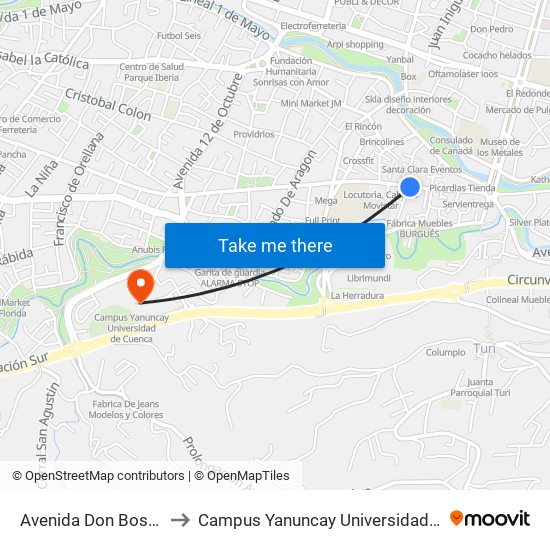 Avenida Don Bosco, 223 to Campus Yanuncay Universidad De Cuenca map