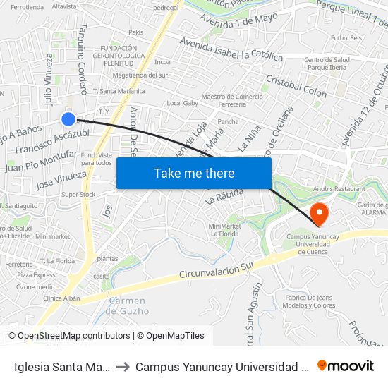 Iglesia Santa Marianita to Campus Yanuncay Universidad De Cuenca map