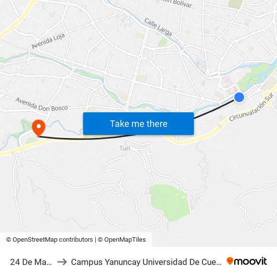 24 De Mayo to Campus Yanuncay Universidad De Cuenca map