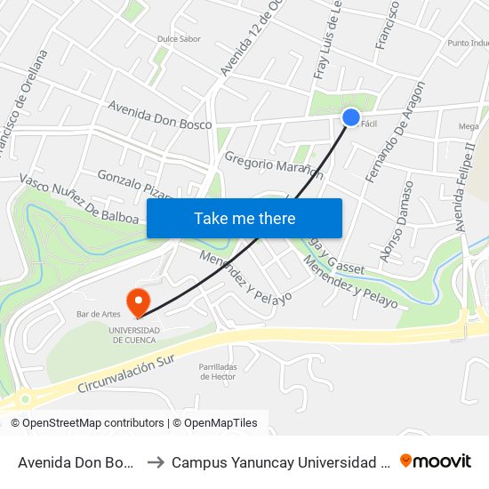 Avenida Don Bosco, 19 to Campus Yanuncay Universidad De Cuenca map