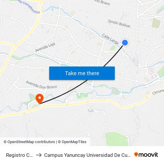 Registro Civil to Campus Yanuncay Universidad De Cuenca map