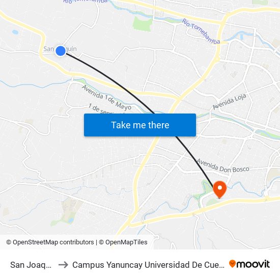 San Joaquin to Campus Yanuncay Universidad De Cuenca map