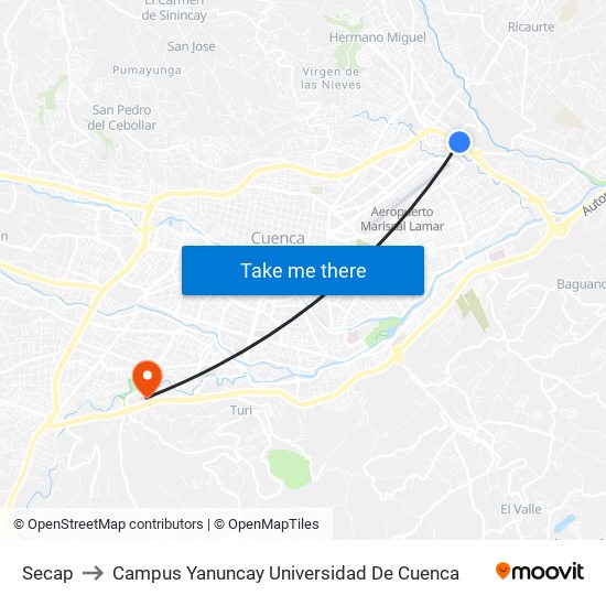 Secap to Campus Yanuncay Universidad De Cuenca map