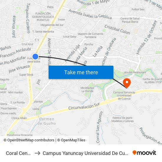 Coral Centro to Campus Yanuncay Universidad De Cuenca map