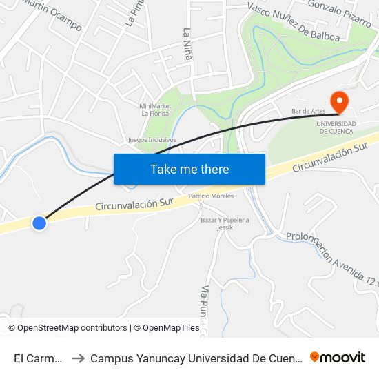 El Carmen to Campus Yanuncay Universidad De Cuenca map