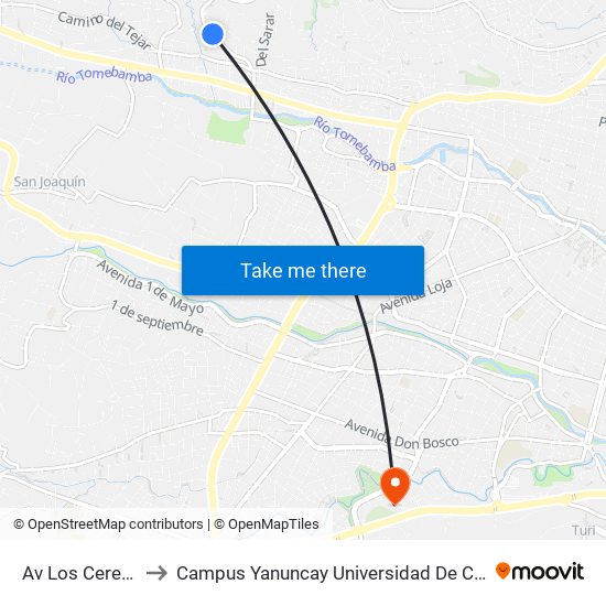 Av Los Cerezos to Campus Yanuncay Universidad De Cuenca map
