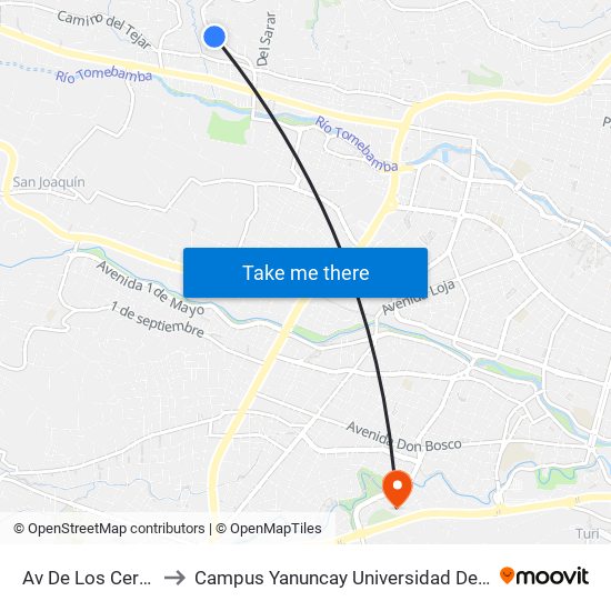 Av De Los Cerezos to Campus Yanuncay Universidad De Cuenca map