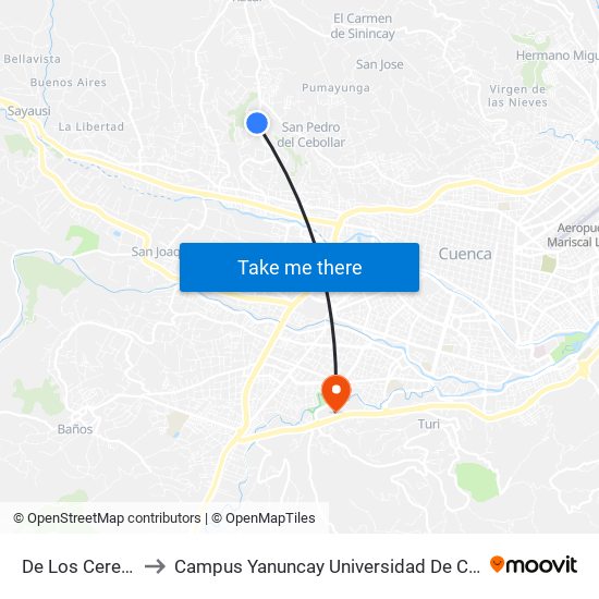 De Los Cerezos to Campus Yanuncay Universidad De Cuenca map