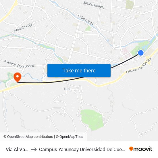Via Al Valle to Campus Yanuncay Universidad De Cuenca map