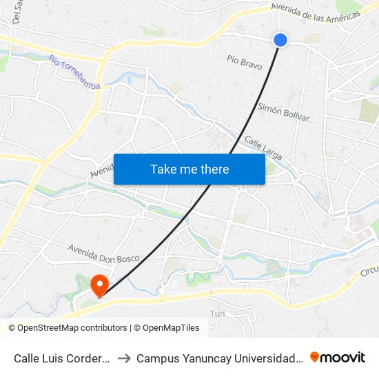 Calle Luis Cordero, 1726 to Campus Yanuncay Universidad De Cuenca map