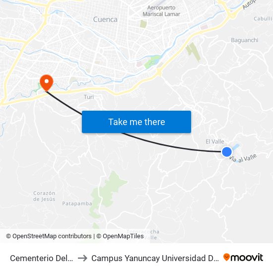 Cementerio Del Valle to Campus Yanuncay Universidad De Cuenca map