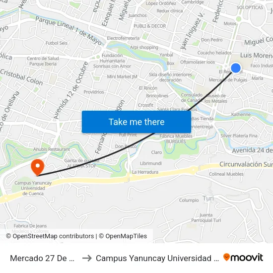 Mercado 27 De Febrero to Campus Yanuncay Universidad De Cuenca map