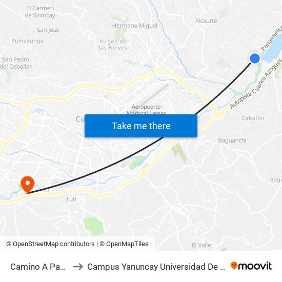 Camino A Paccha to Campus Yanuncay Universidad De Cuenca map
