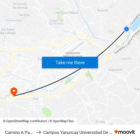 Camino A Paccha to Campus Yanuncay Universidad De Cuenca map