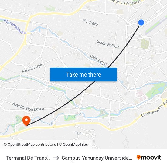 Terminal De Transferencia to Campus Yanuncay Universidad De Cuenca map