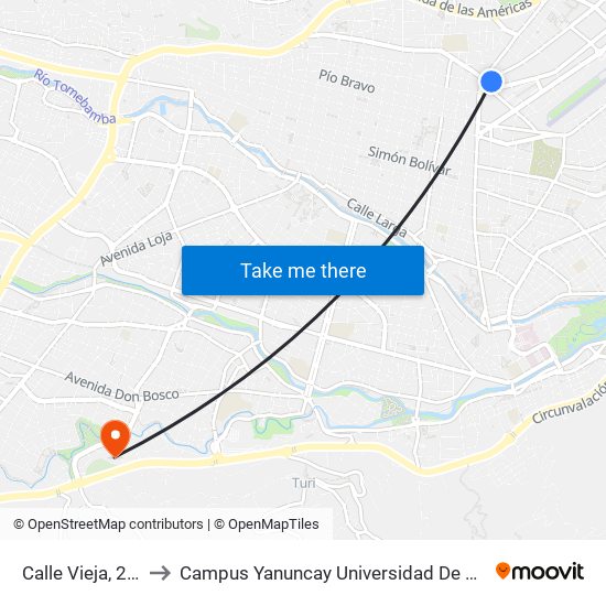 Calle Vieja, 2/87 to Campus Yanuncay Universidad De Cuenca map