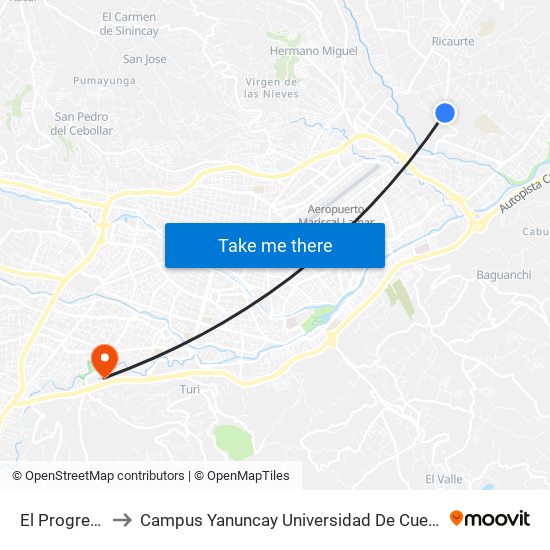 El Progreso to Campus Yanuncay Universidad De Cuenca map