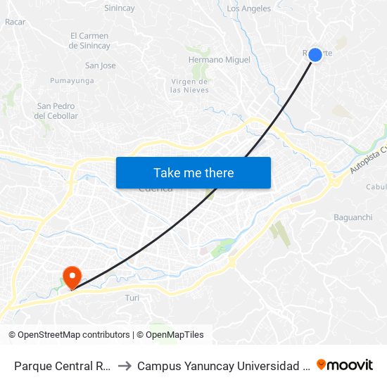 Parque Central Ricaurte to Campus Yanuncay Universidad De Cuenca map