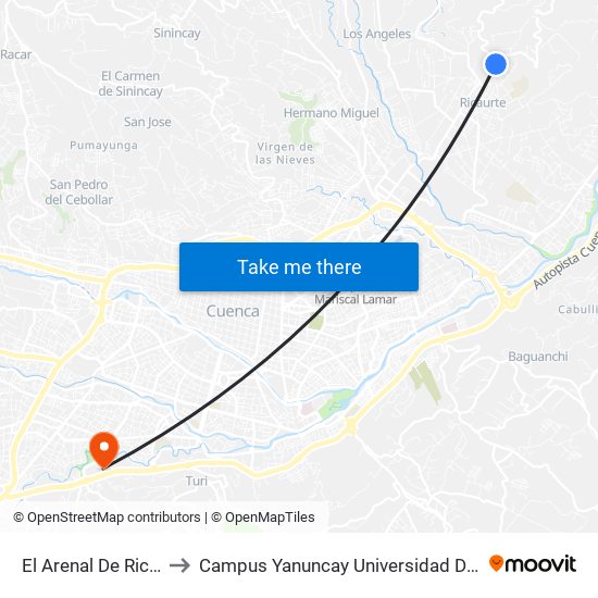 El Arenal De Ricaurte to Campus Yanuncay Universidad De Cuenca map