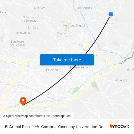 El Arenal Ricaurte to Campus Yanuncay Universidad De Cuenca map