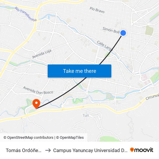 Tomás Ordóñez, 927 to Campus Yanuncay Universidad De Cuenca map