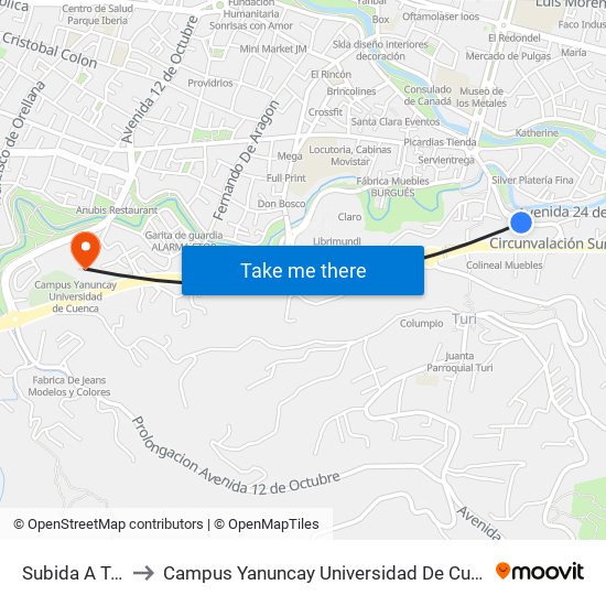 Subida A Turi to Campus Yanuncay Universidad De Cuenca map