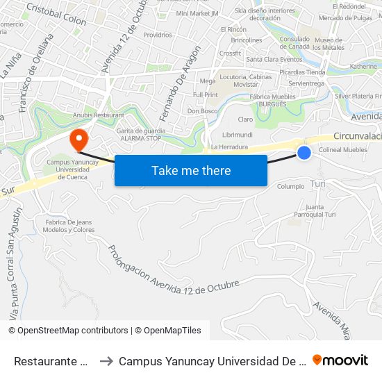 Restaurante Goza to Campus Yanuncay Universidad De Cuenca map