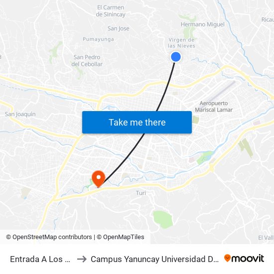 Entrada A Los Pinos to Campus Yanuncay Universidad De Cuenca map