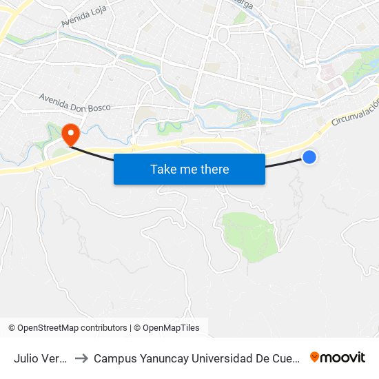 Julio Verne to Campus Yanuncay Universidad De Cuenca map