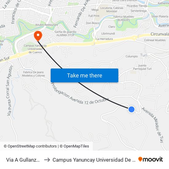 Via A Gullanzhapa to Campus Yanuncay Universidad De Cuenca map