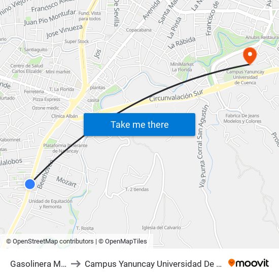 Gasolinera Mobil to Campus Yanuncay Universidad De Cuenca map