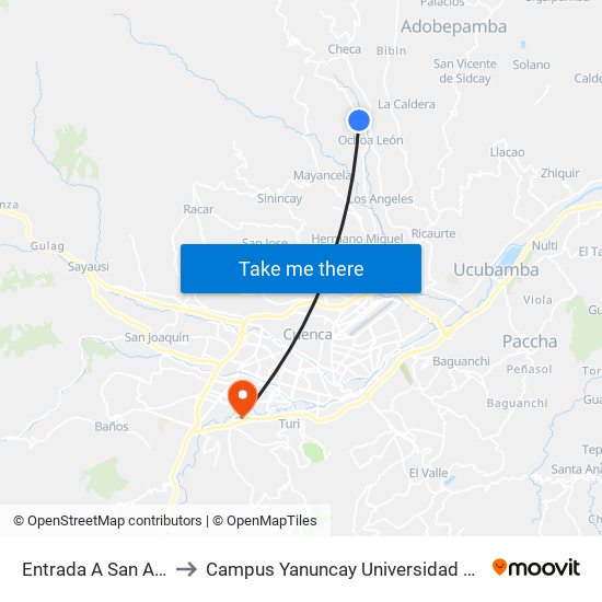 Entrada A San Andres to Campus Yanuncay Universidad De Cuenca map