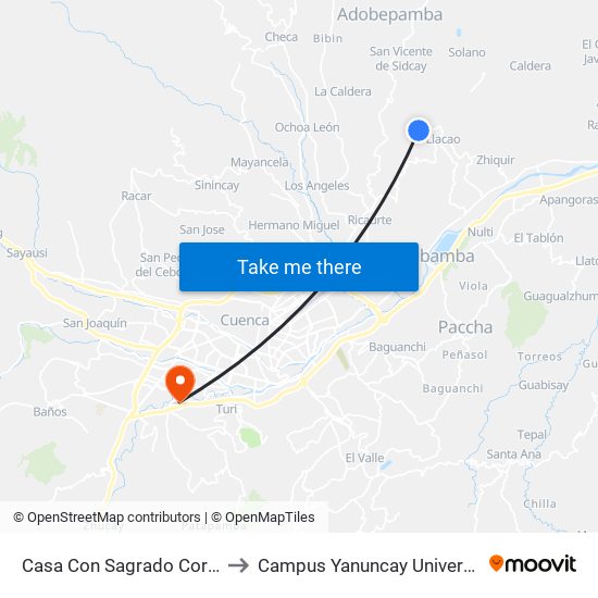 Casa Con Sagrado Corazon De Jesus to Campus Yanuncay Universidad De Cuenca map