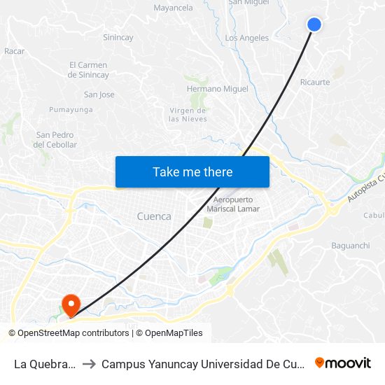 La Quebrada to Campus Yanuncay Universidad De Cuenca map